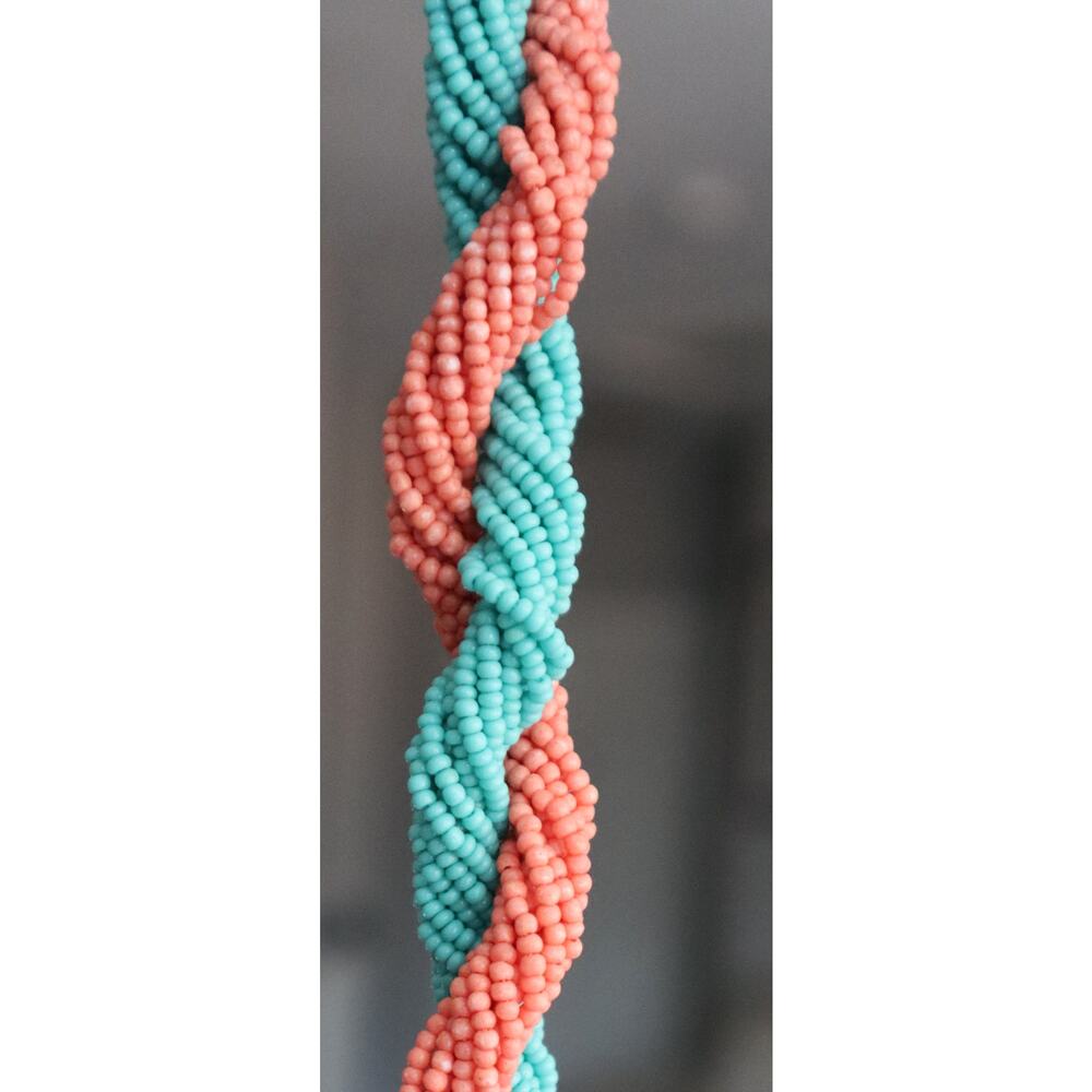 Vintage Turquoise Coral Seed Bead Torsade Twist Straight Necklace Southwest Boho - Picture 3 of 5